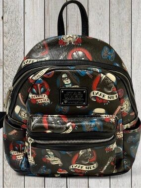 Loungefly Black Star Wars Tattoo Print Mini Backpack with Red and Blue Accents